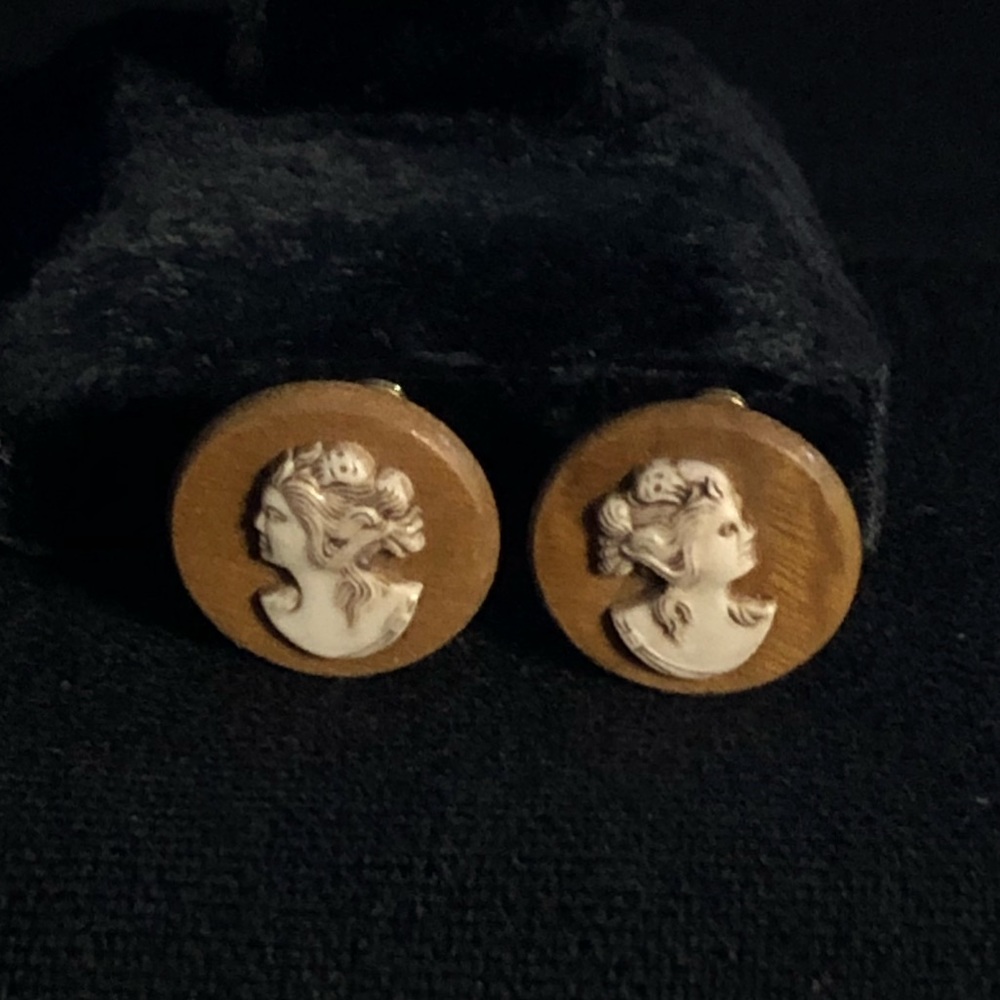 Wooden Button Greek Goddess Clip Earrings